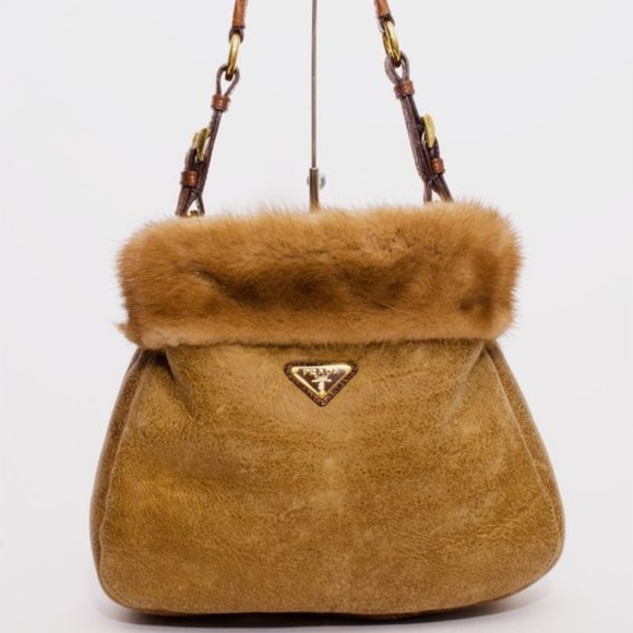PRADA Crocodile & Mink-Trimmed Montone Visone Hobo - Picture 1 of 7